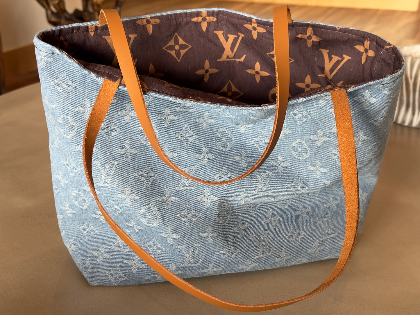 Handmade Reversible Tote – Upcycled LV Denim & Brown LV Cotton